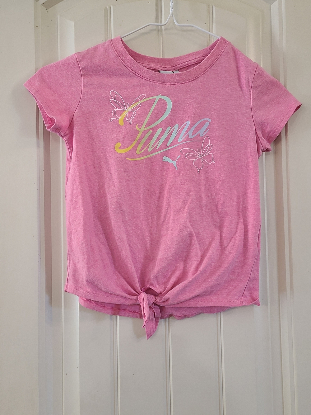 Girl's Puma Pink Tie-Front Logo Tee with Butterfly Accents Size 6x